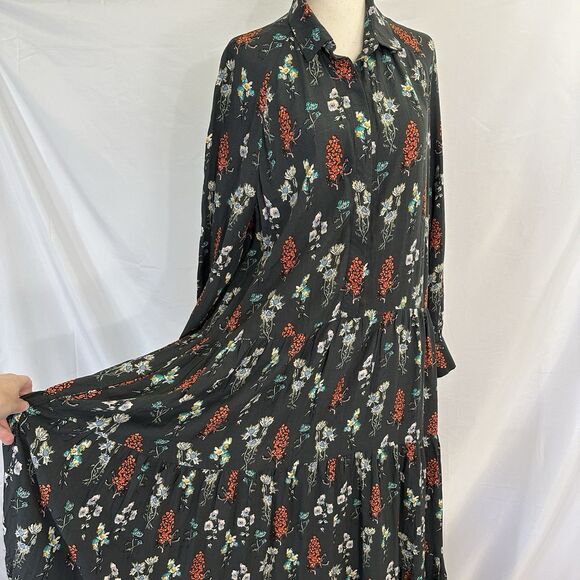 Natural Life Dark Gray Floral Maxi Peasant Dress LARGE Boho Tiered Long Sleeve - Picture 3 of 8